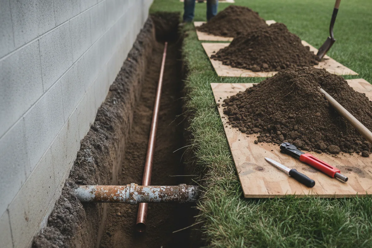 Excavated water line trench during Water Softener Installation in Bunnlevel
